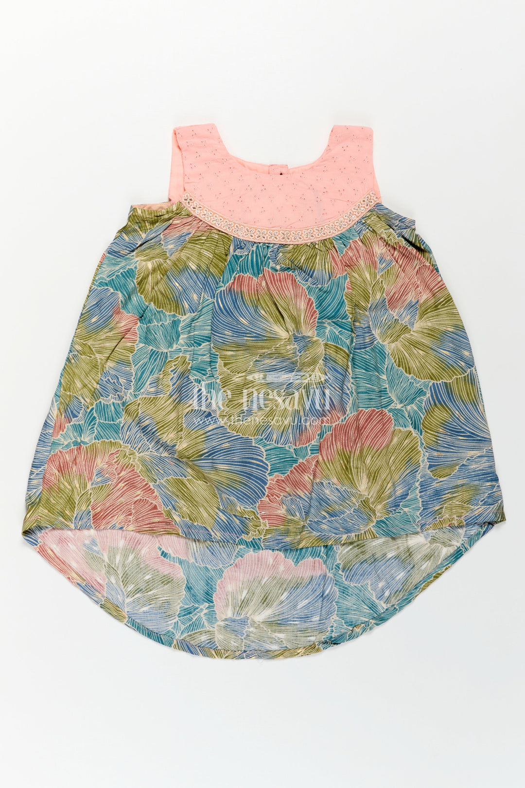 Girls Printed Chanderi Frock with Pastel Toned Botanical Motifs and Elegant Flow in Long Frock for Party Style