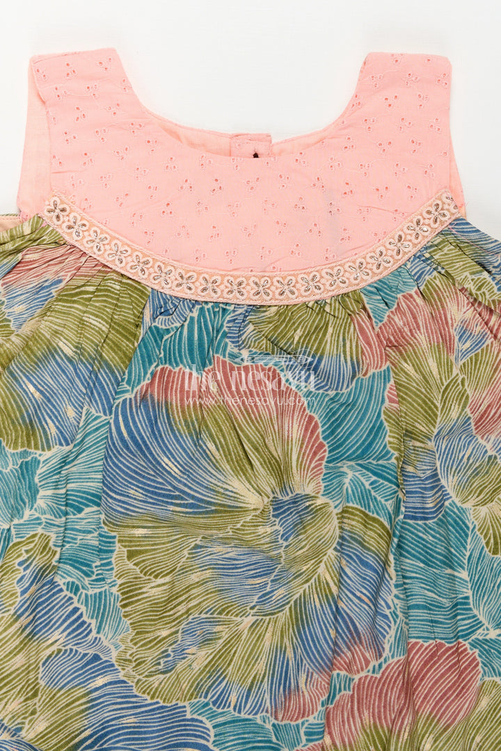 Girls Printed Chanderi Frock with Pastel Toned Botanical Motifs and Elegant Flow in Long Frock for Party Style