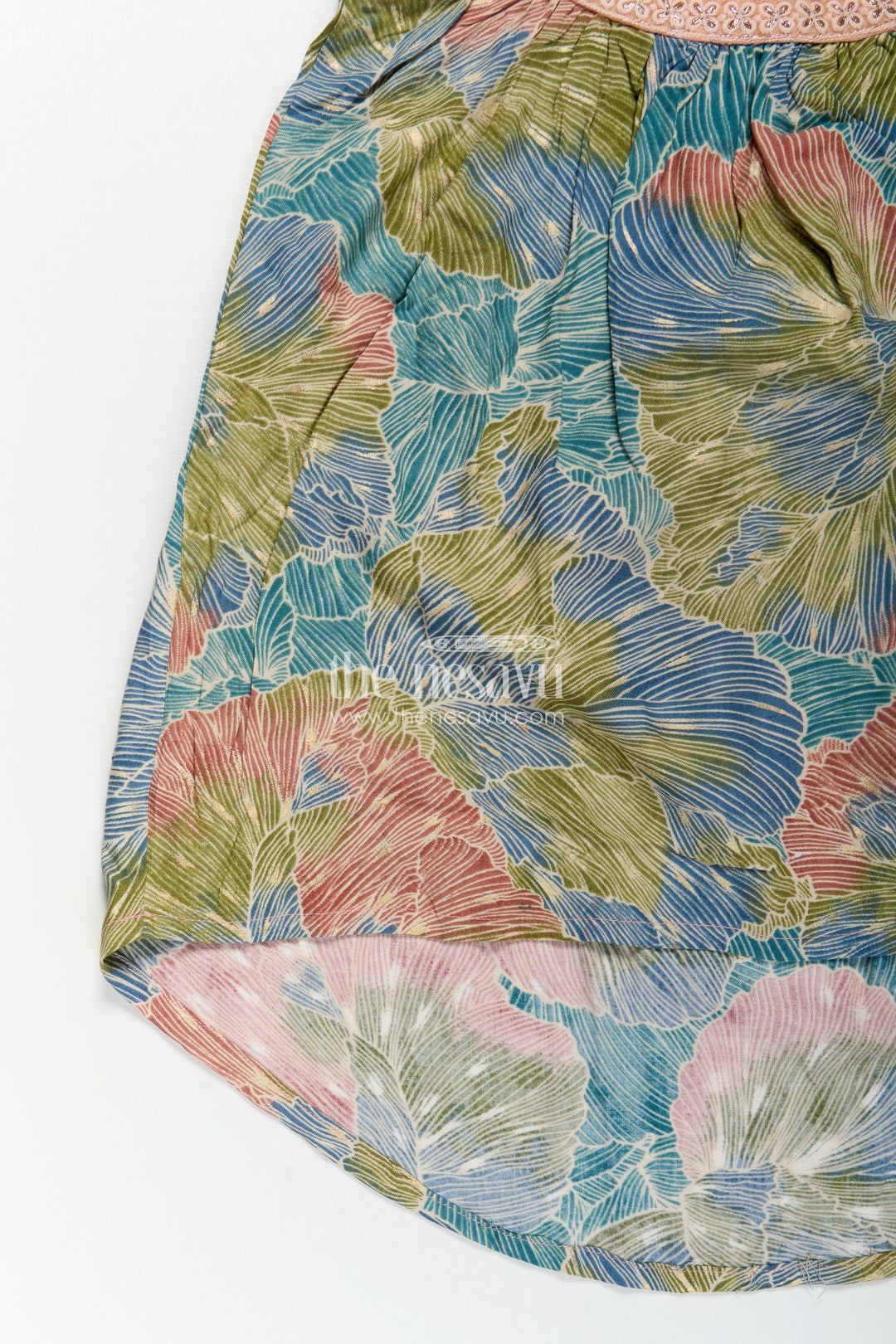 Girls Printed Chanderi Frock with Pastel Toned Botanical Motifs and Elegant Flow in Long Frock for Party Style