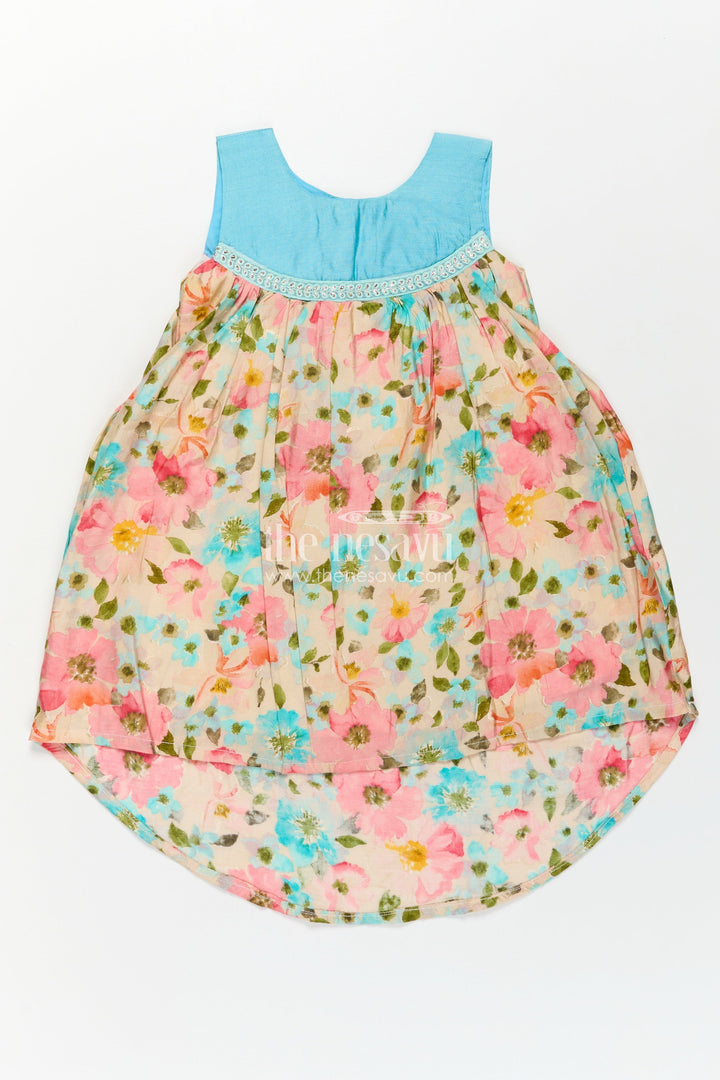 Girls Printed Viscose Frock with Bright Floral Motifs and Blue Yoke in Long Frock for Party Wear Style