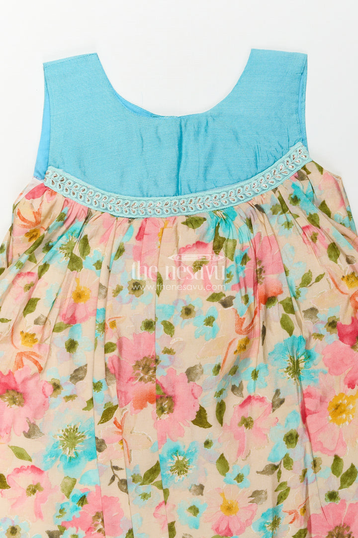 Girls Printed Viscose Frock with Bright Floral Motifs and Blue Yoke in Long Frock for Party Wear Style