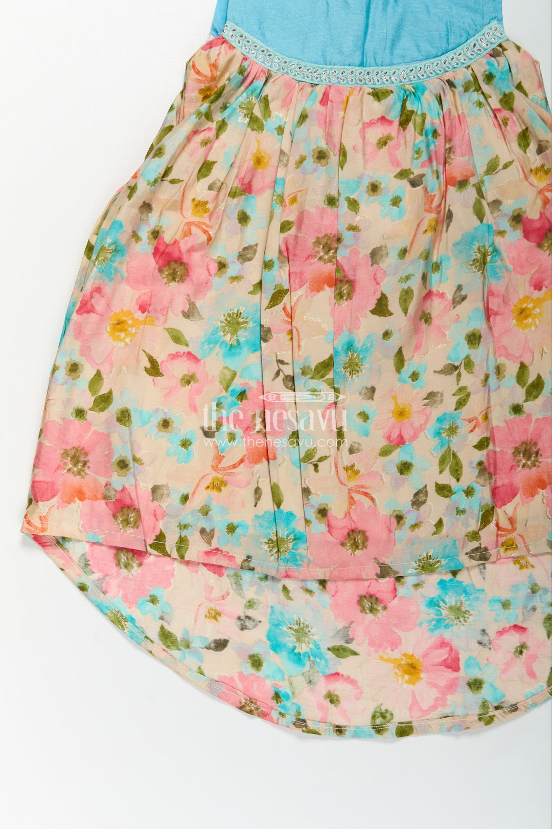 Girls Printed Viscose Frock with Bright Floral Motifs and Blue Yoke in Long Frock for Party Wear Style