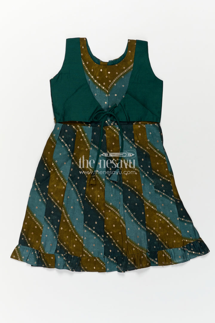 Girls Printed Viscose Frock in Deep Green with Mirror Print and Waist Tie for Aesthetic Long Frock Appeal