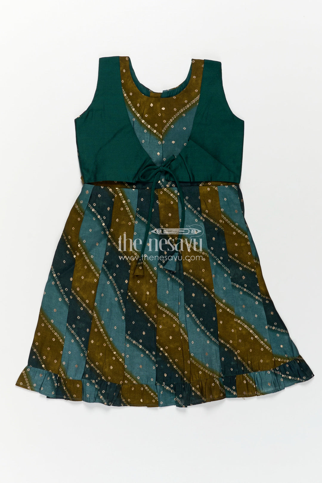 Girls Printed Viscose Frock in Deep Green with Mirror Print and Waist Tie for Aesthetic Long Frock Appeal