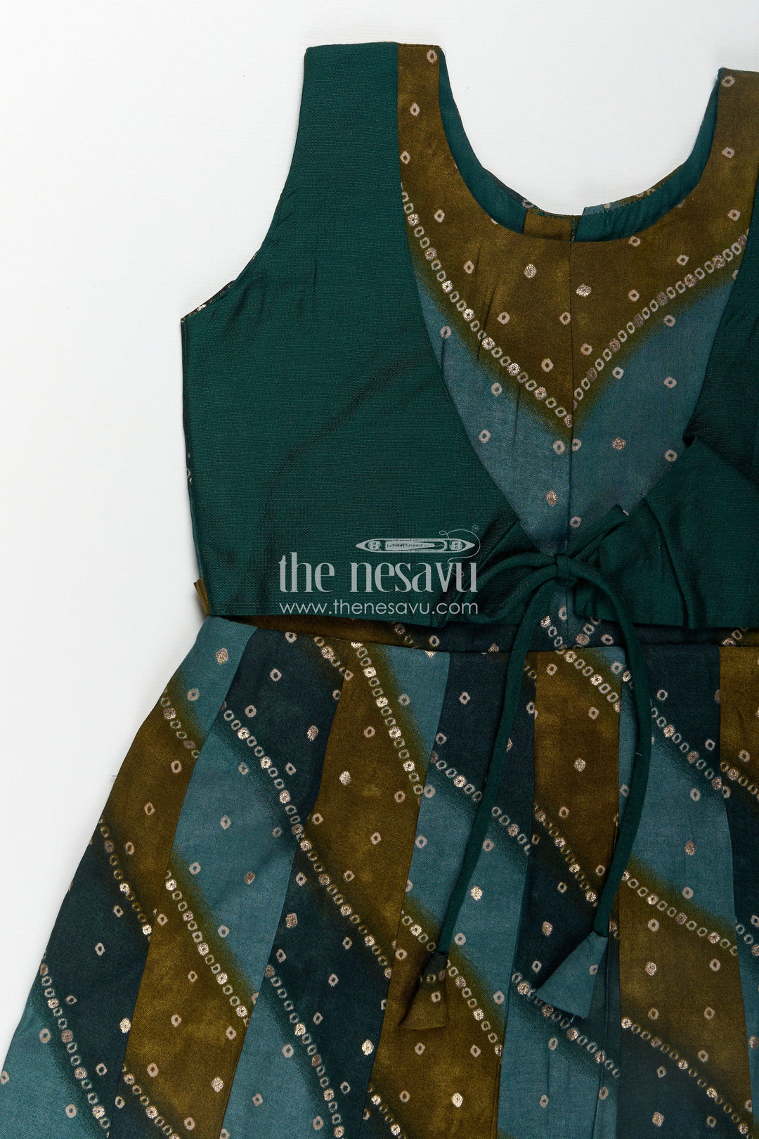 Girls Printed Viscose Frock in Deep Green with Mirror Print and Waist Tie for Aesthetic Long Frock Appeal