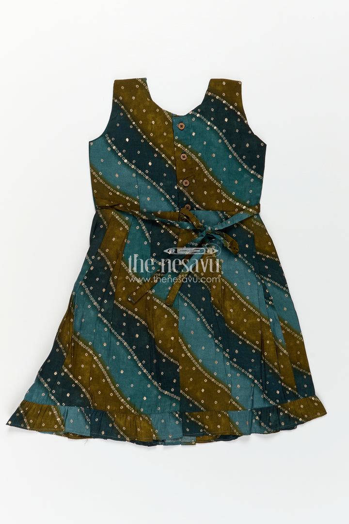 Girls Printed Viscose Frock in Deep Green with Mirror Print and Waist Tie for Aesthetic Long Frock Appeal