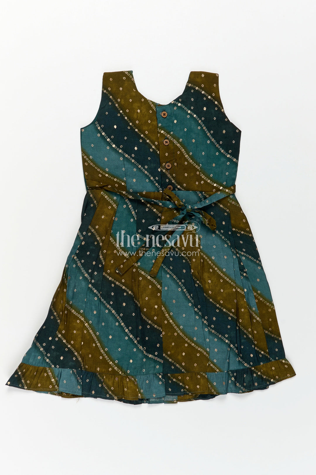 Girls Printed Viscose Frock in Deep Green with Mirror Print and Waist Tie for Aesthetic Long Frock Appeal