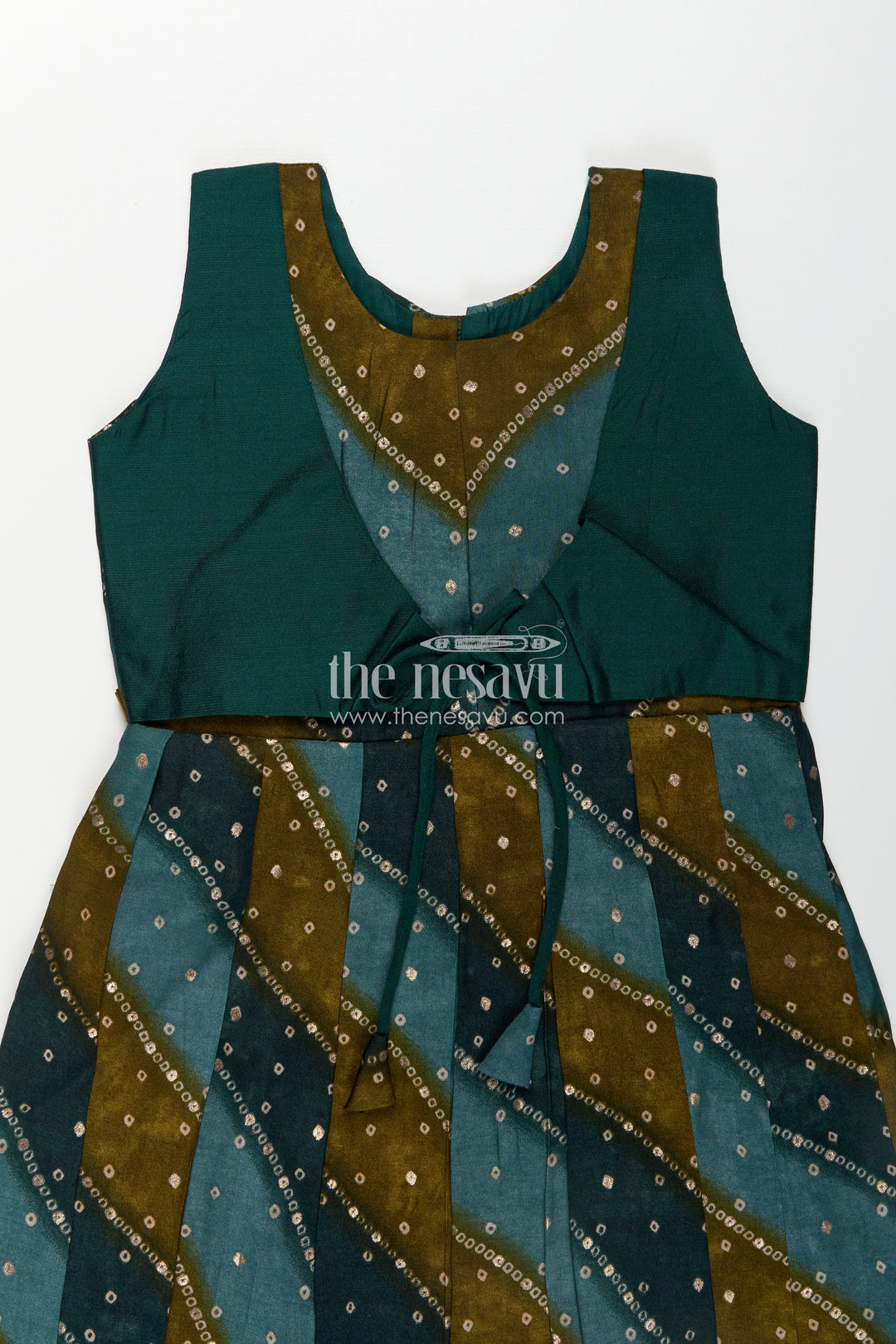 Girls Printed Viscose Frock in Deep Green with Mirror Print and Waist Tie for Aesthetic Long Frock Appeal