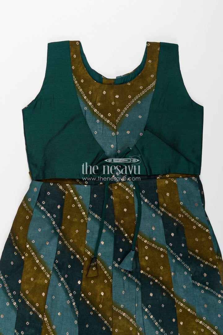 Girls Printed Viscose Frock in Deep Green with Mirror Print and Waist Tie for Aesthetic Long Frock Appeal
