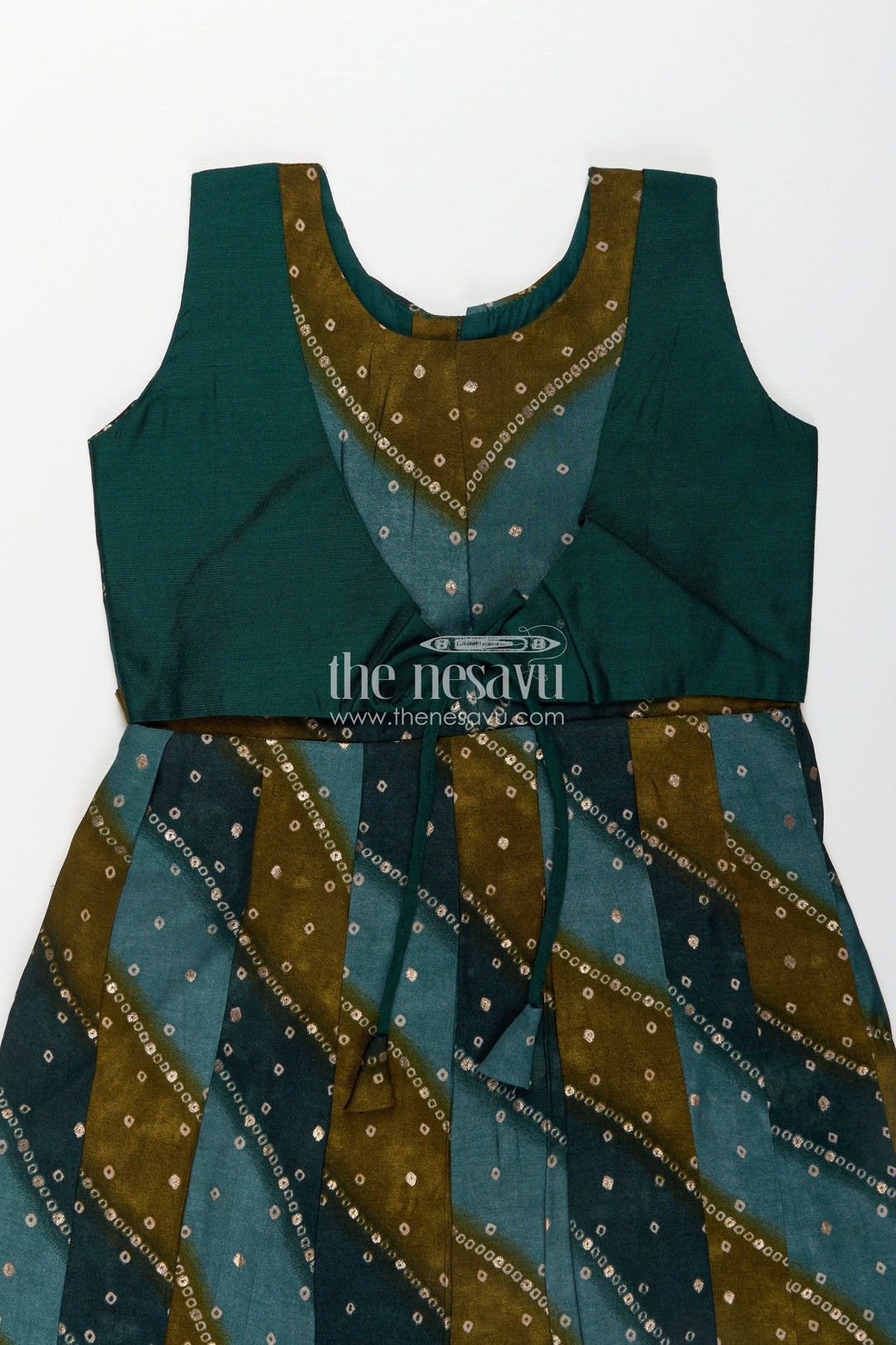 Girls Printed Viscose Frock in Deep Green with Mirror Print and Waist Tie for Aesthetic Long Frock Appeal