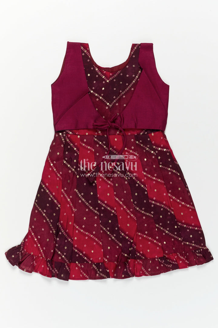 Girls Maroon Viscose Frock with Sequined Detailing and Waist Belt in Long Frock Party Style