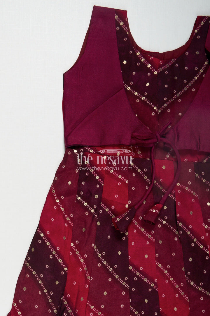Girls Maroon Viscose Frock with Sequined Detailing and Waist Belt in Long Frock Party Style