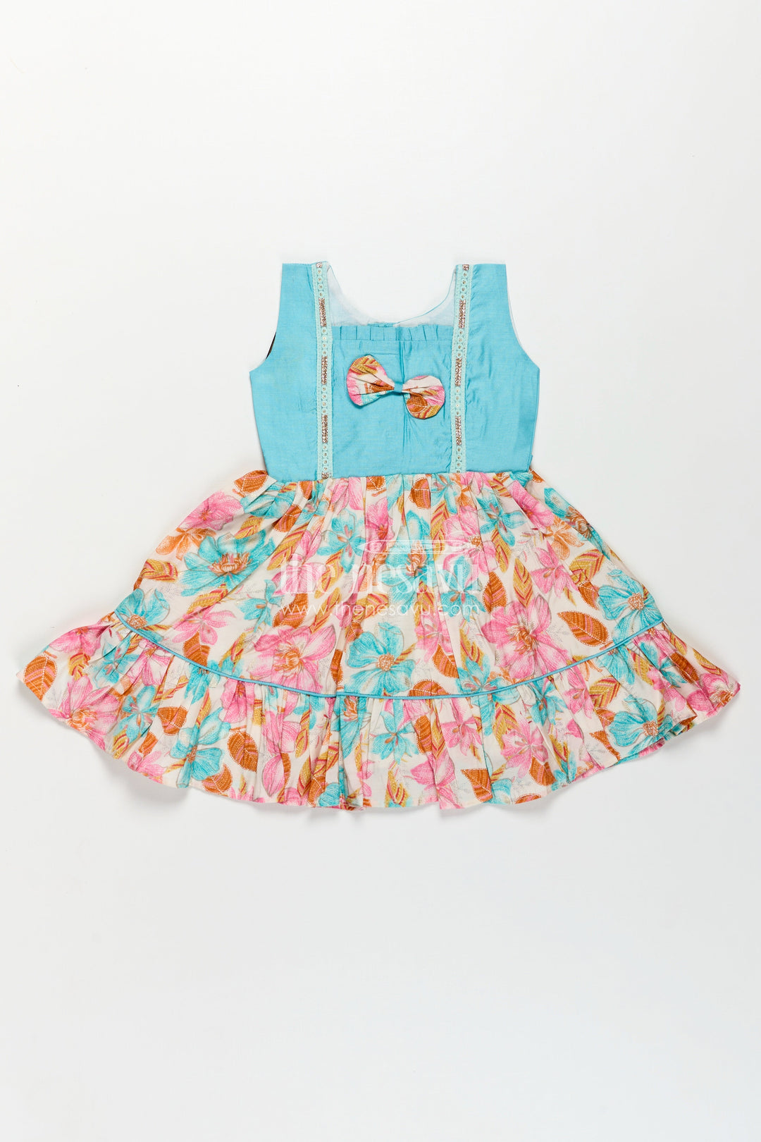 Girls Printed Chanderi Frock with Bow and Floral Print for Playful and Stylish Short Frock Design