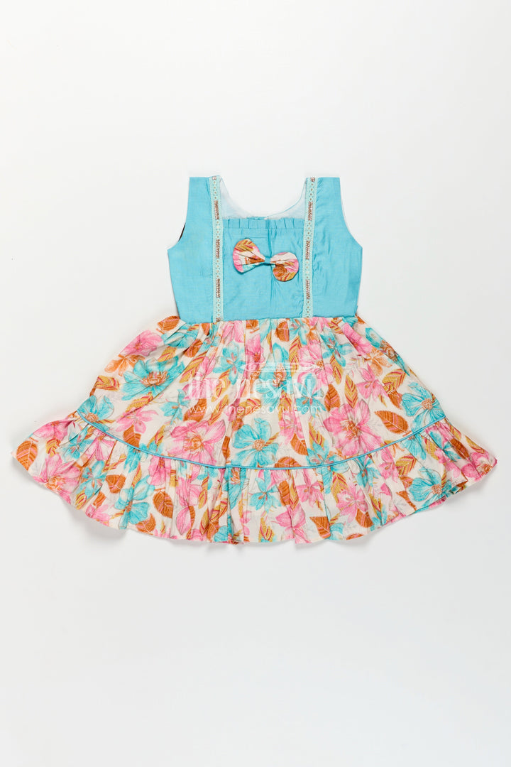 Girls Printed Chanderi Frock with Bow and Floral Print for Playful and Stylish Short Frock Design