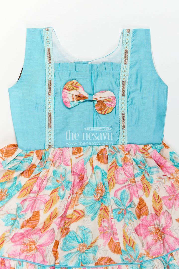 Girls Printed Chanderi Frock with Bow and Floral Print for Playful and Stylish Short Frock Design