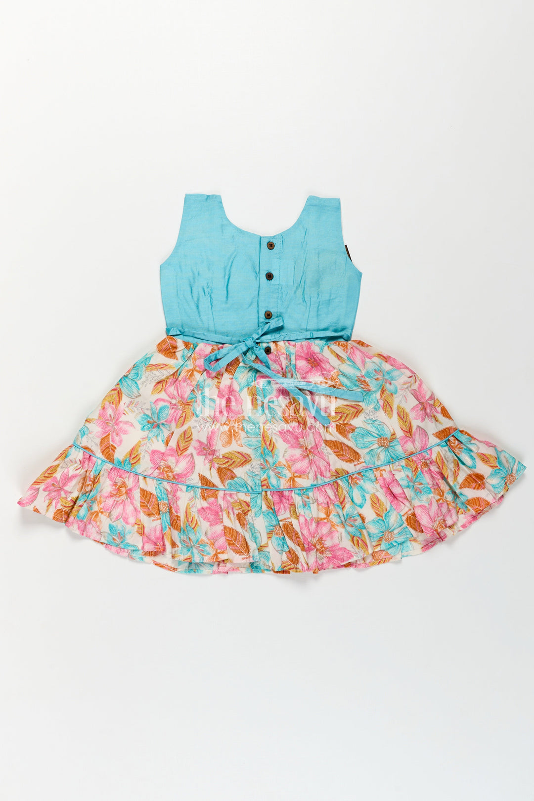 Girls Printed Chanderi Frock with Bow and Floral Print for Playful and Stylish Short Frock Design