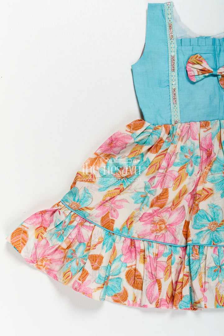 Girls Printed Chanderi Frock with Bow and Floral Print for Playful and Stylish Short Frock Design