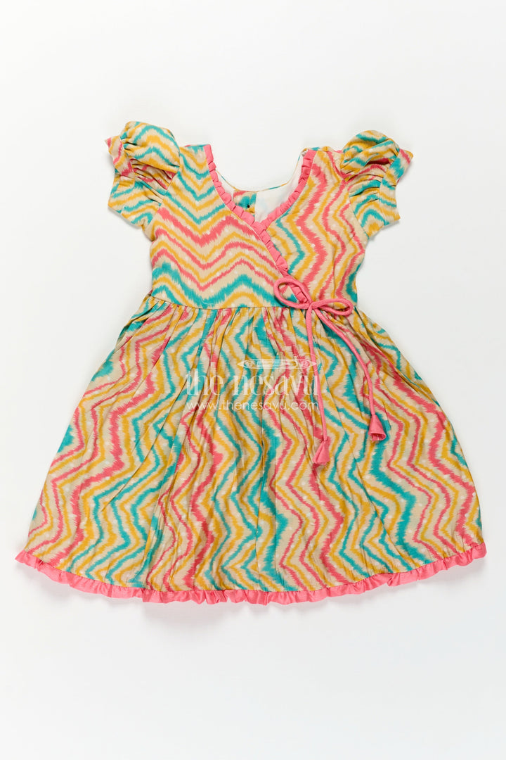 Girls Printed Chanderi Frock with Puff Sleeves and Zigzag Patterns in New Model Frock Design Style