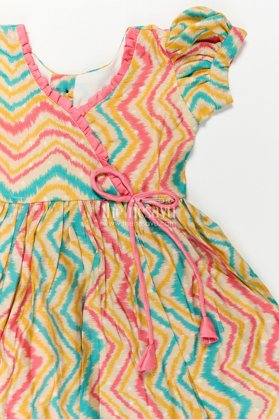 Girls Printed Chanderi Frock with Puff Sleeves and Zigzag Patterns in New Model Frock Design Style