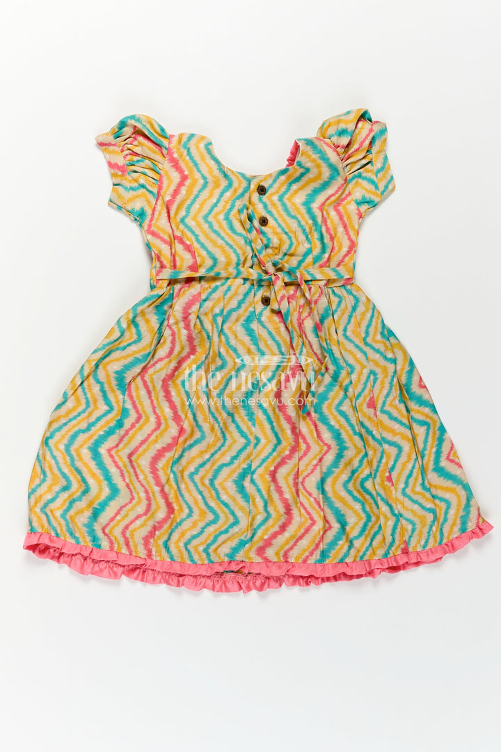 Girls Printed Chanderi Frock with Puff Sleeves and Zigzag Patterns in New Model Frock Design Style