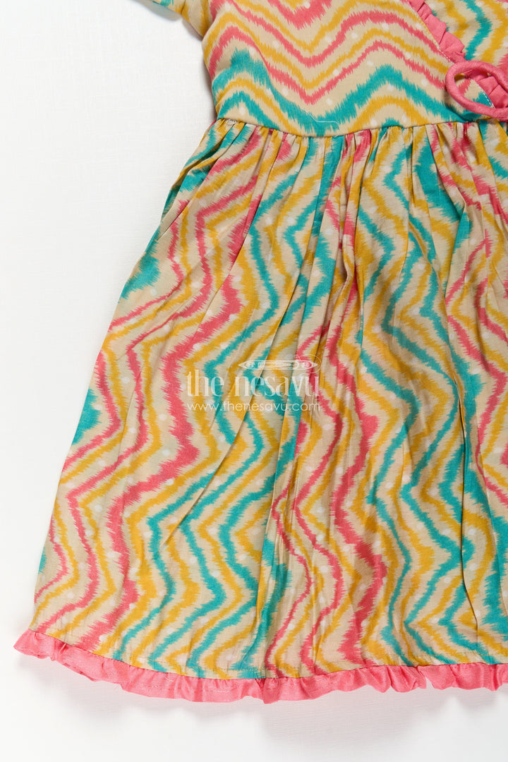 Girls Printed Chanderi Frock with Puff Sleeves and Zigzag Patterns in New Model Frock Design Style