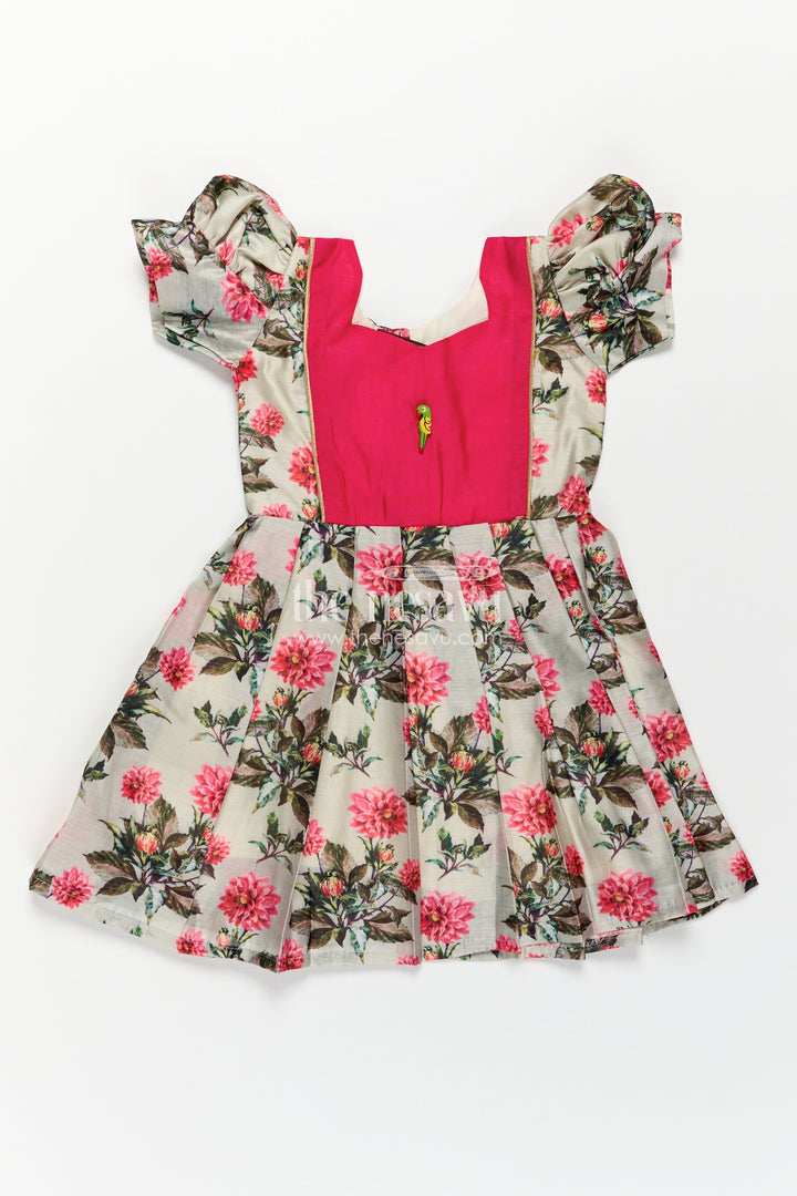 Girls Digital Printed Chanderi Frock with Puff Sleeves and Pleated Skirt in Elegant Frock Frill Dress Style
