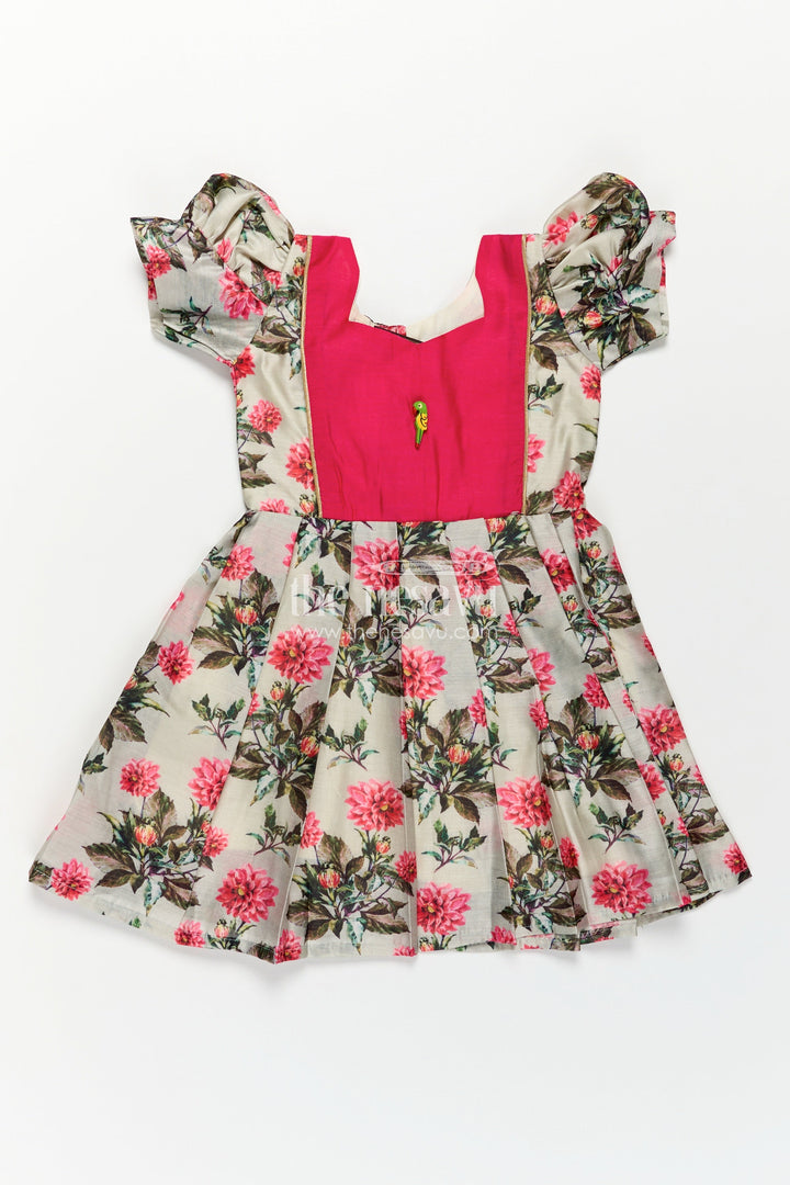 Girls Digital Printed Chanderi Frock with Puff Sleeves and Pleated Skirt in Elegant Frock Frill Dress Style