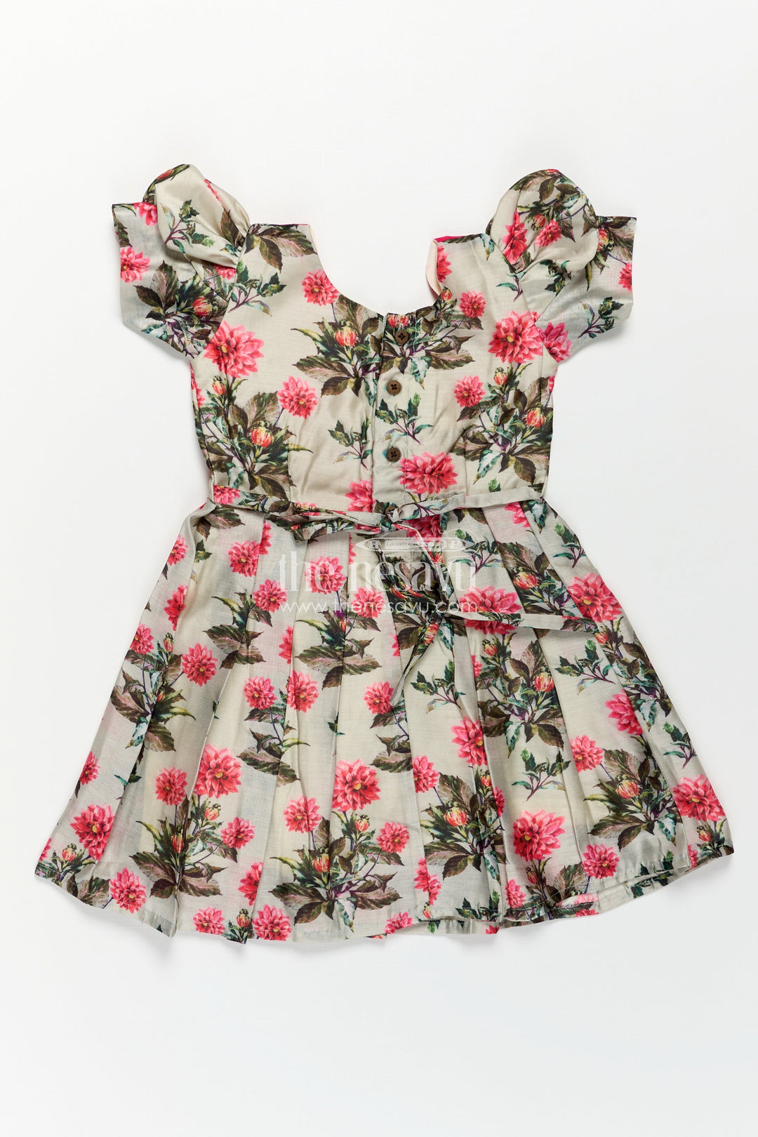 Girls Digital Printed Chanderi Frock with Puff Sleeves and Pleated Skirt in Elegant Frock Frill Dress Style