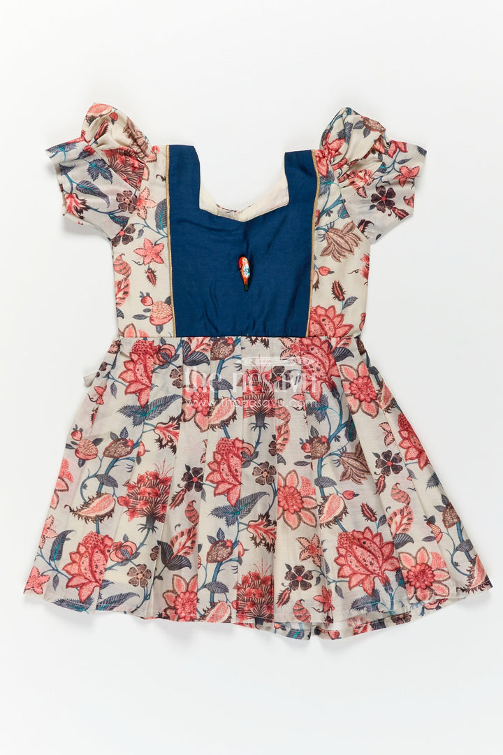 Girls Digital Printed Chanderi Frock with Puff Sleeves and Blue Contrast Bodice in Frock Frill Style