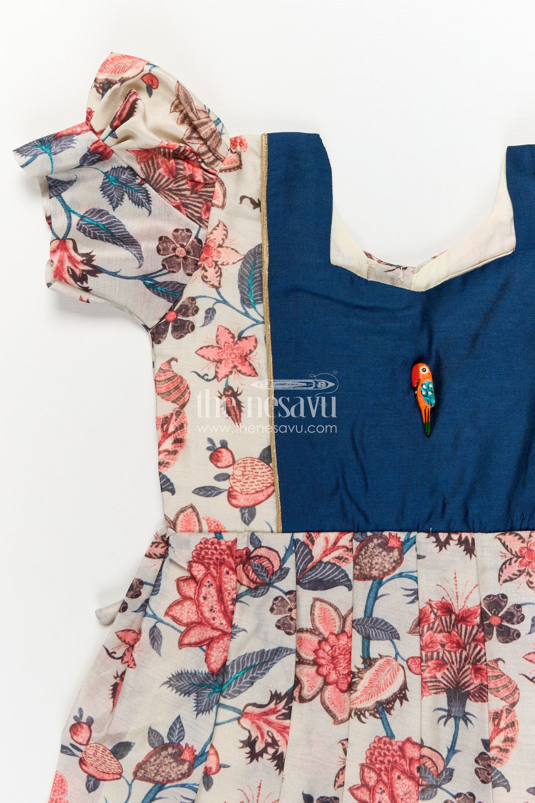 Girls Digital Printed Chanderi Frock with Puff Sleeves and Blue Contrast Bodice in Frock Frill Style