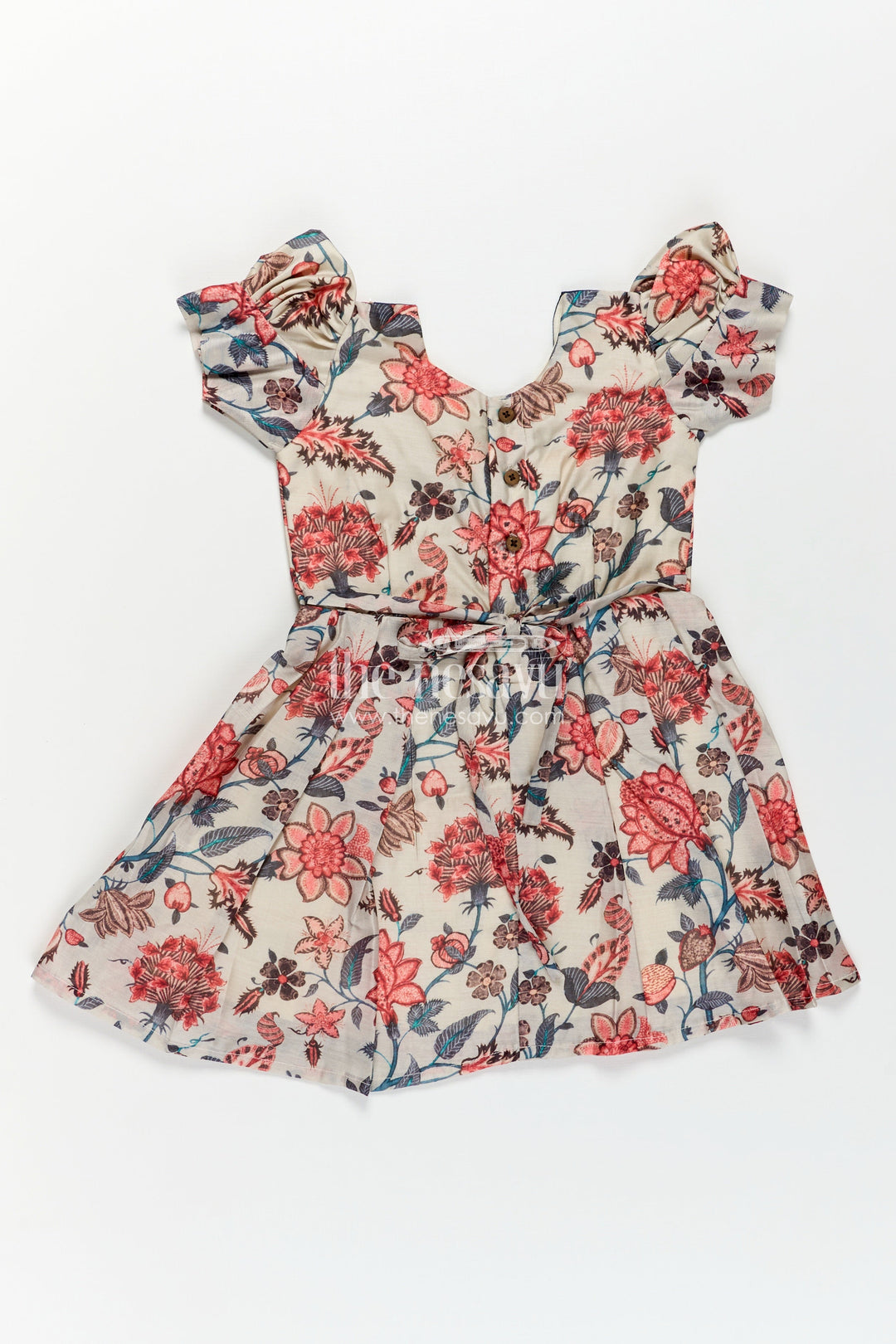 Girls Digital Printed Chanderi Frock with Puff Sleeves and Blue Contrast Bodice in Frock Frill Style