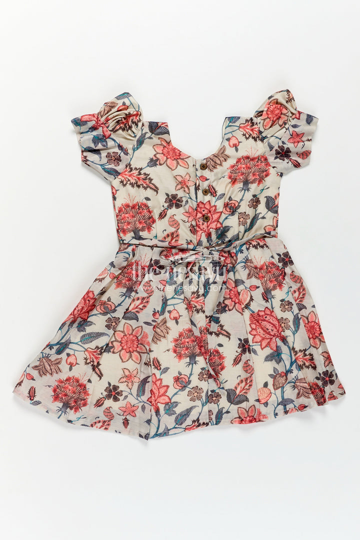 Girls Digital Printed Chanderi Frock with Puff Sleeves and Blue Contrast Bodice in Frock Frill Style