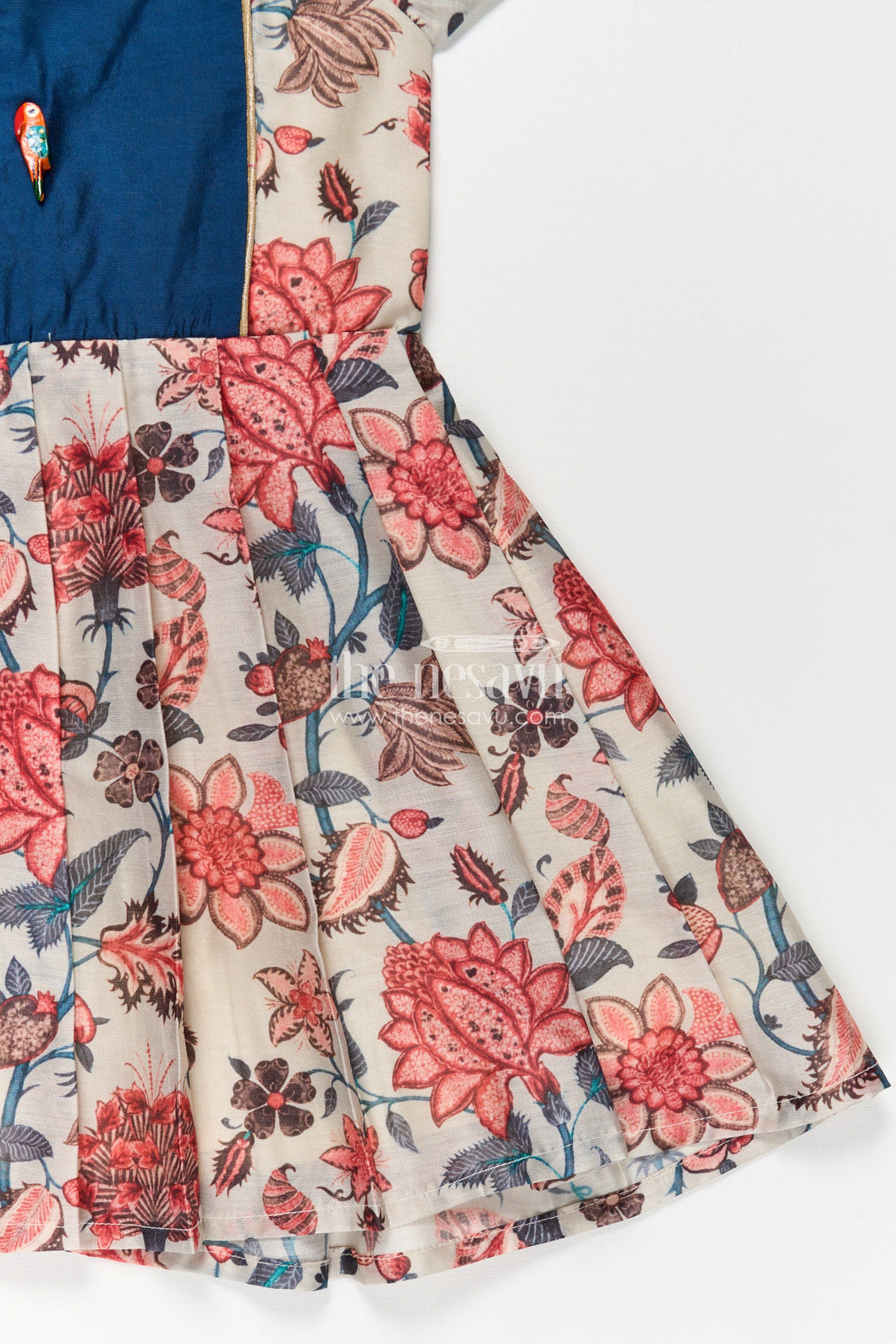 Girls Digital Printed Chanderi Frock with Puff Sleeves and Blue Contrast Bodice in Frock Frill Style