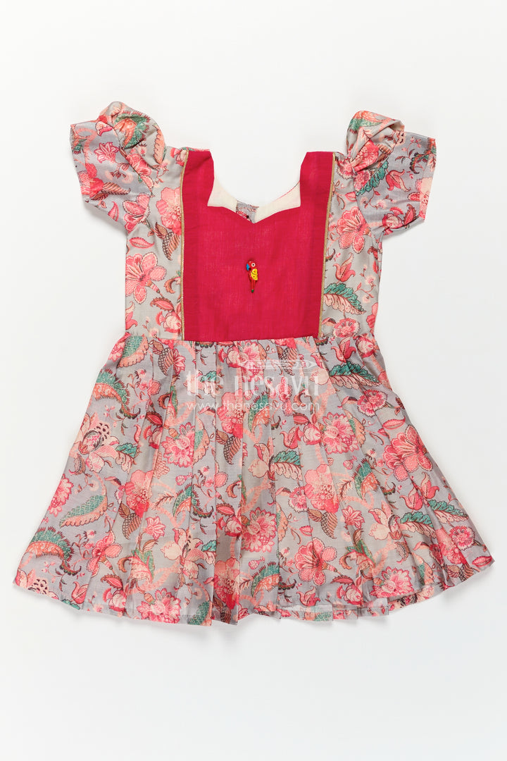 Girls Digital Printed Chanderi Frock with Pleats and Parrot Brooch in Beautiful Design Frock Style