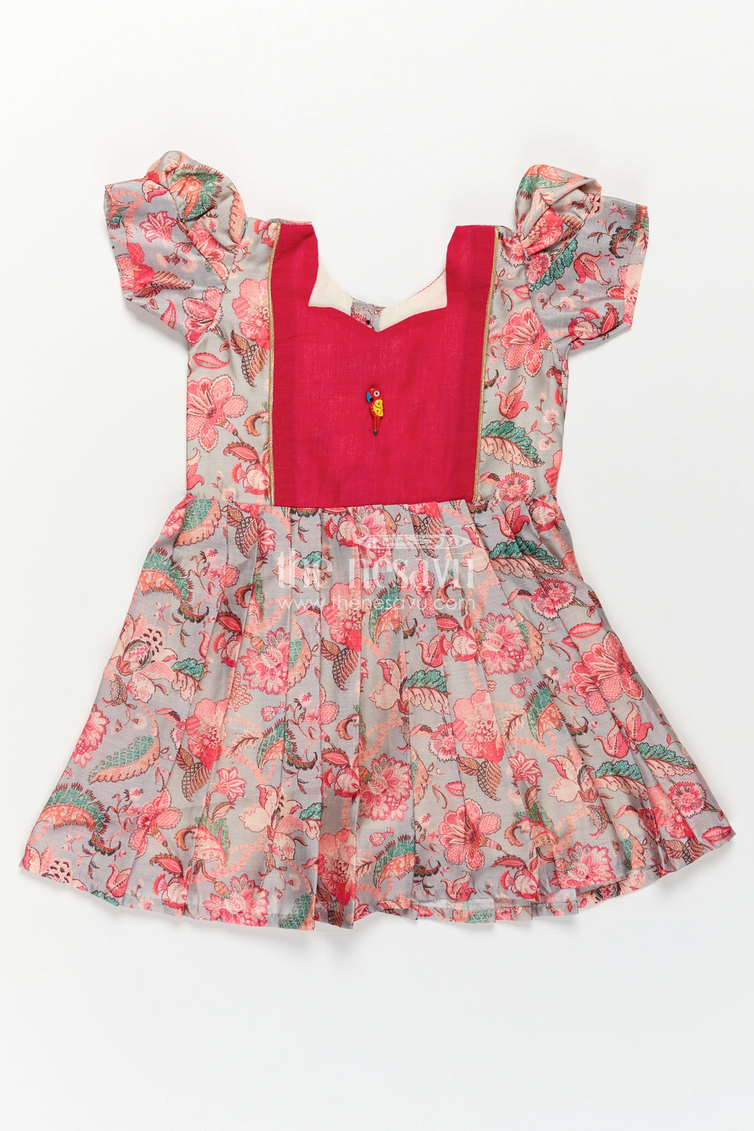Girls Digital Printed Chanderi Frock with Pleats and Parrot Brooch in Beautiful Design Frock Style