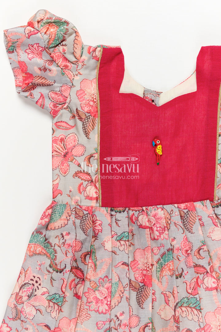 Girls Digital Printed Chanderi Frock with Pleats and Parrot Brooch in Beautiful Design Frock Style