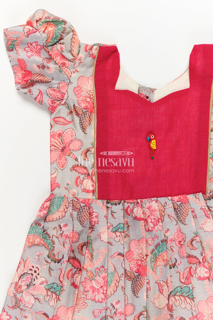 Girls Digital Printed Chanderi Frock with Pleats and Parrot Brooch in Beautiful Design Frock Style