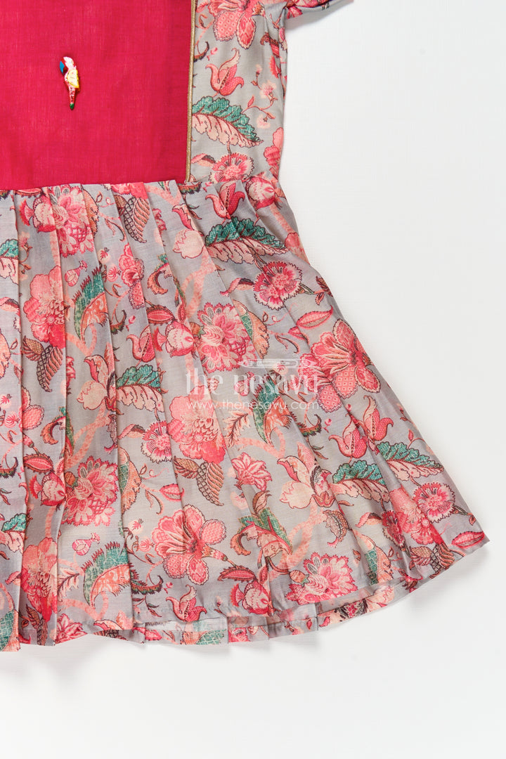 Girls Digital Printed Chanderi Frock with Pleats and Parrot Brooch in Beautiful Design Frock Style