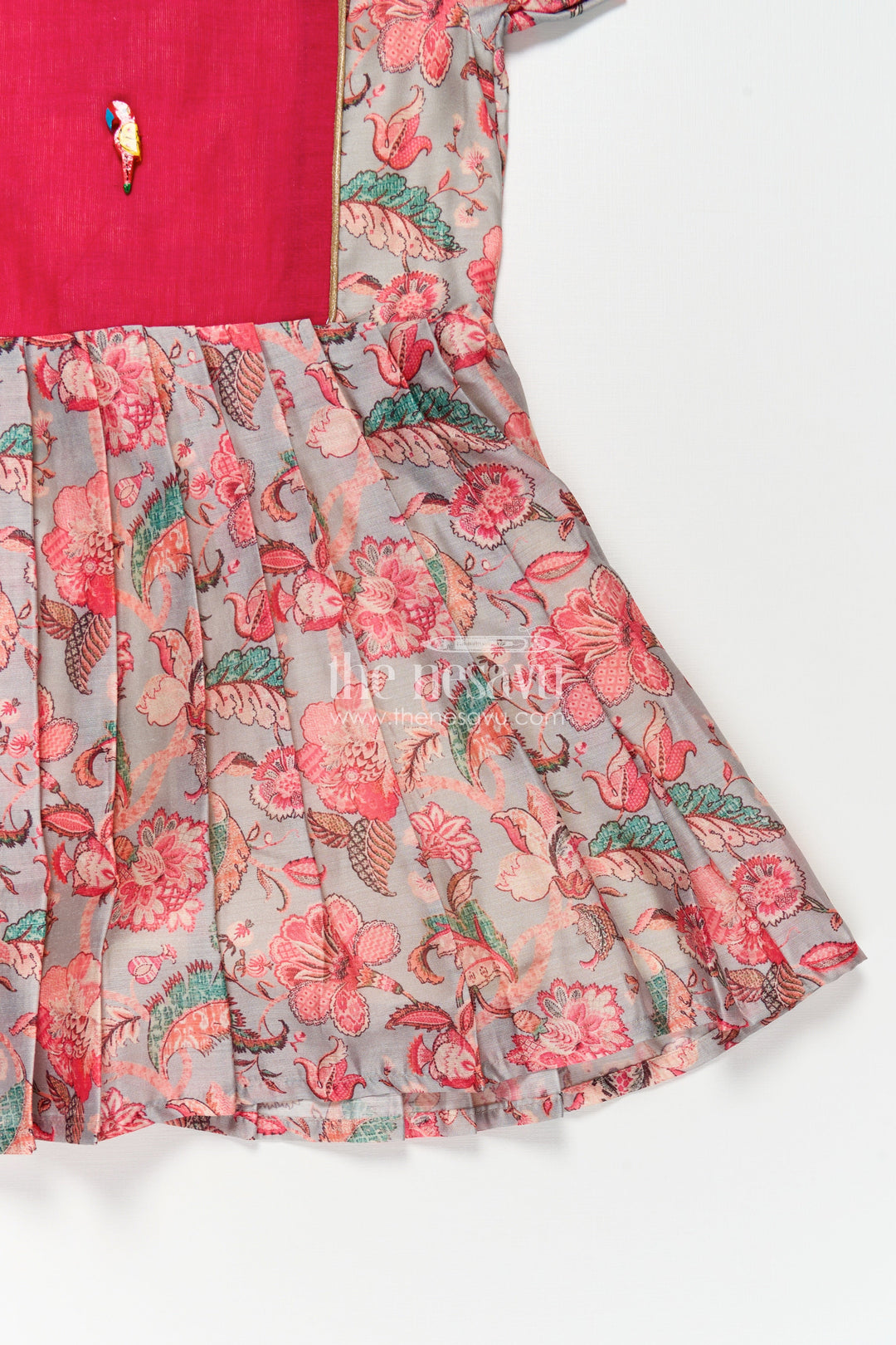 Girls Digital Printed Chanderi Frock with Pleats and Parrot Brooch in Beautiful Design Frock Style