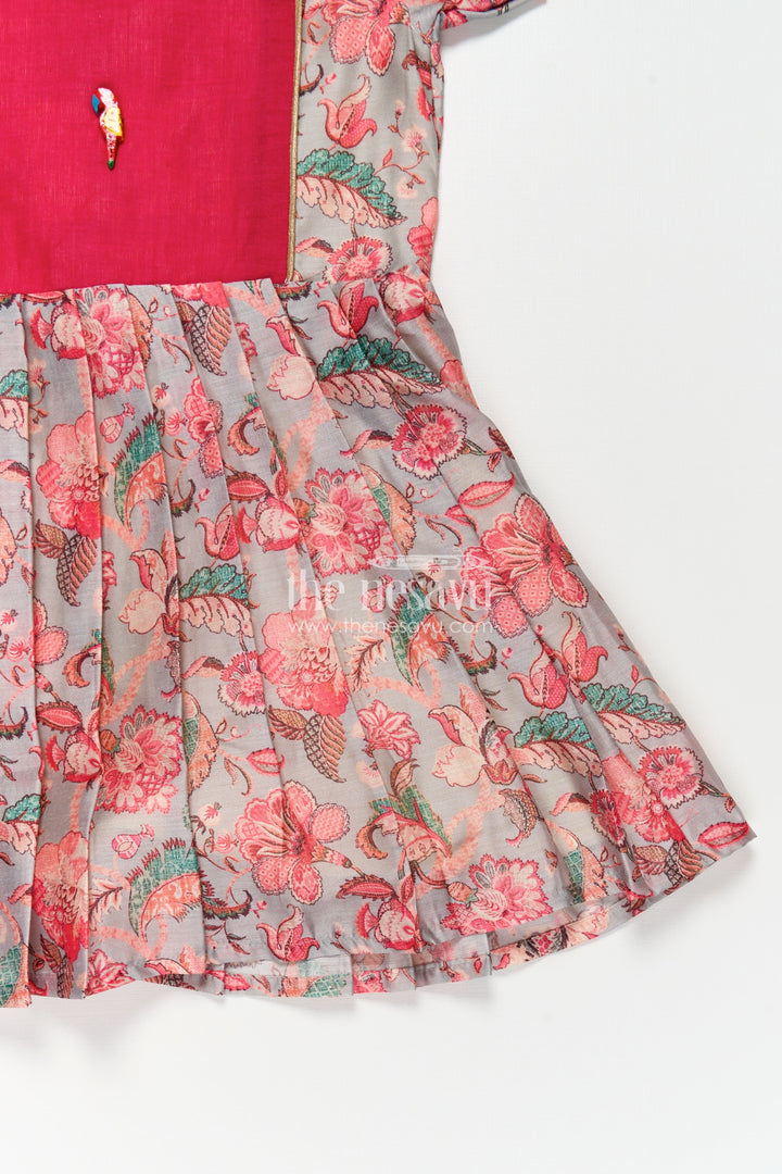 Girls Digital Printed Chanderi Frock with Pleats and Parrot Brooch in Beautiful Design Frock Style