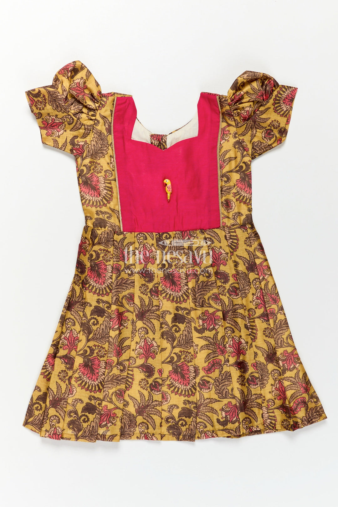 Girls Digital Printed Chanderi Frock with Puff Sleeves and Pleated Skirt in Traditional Frock Design Style