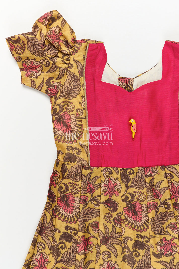 Girls Digital Printed Chanderi Frock with Puff Sleeves and Pleated Skirt in Traditional Frock Design Style
