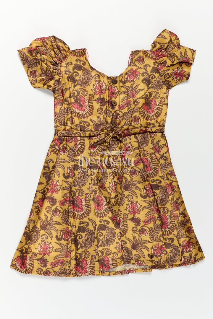 Girls Digital Printed Chanderi Frock with Puff Sleeves and Pleated Skirt in Traditional Frock Design Style