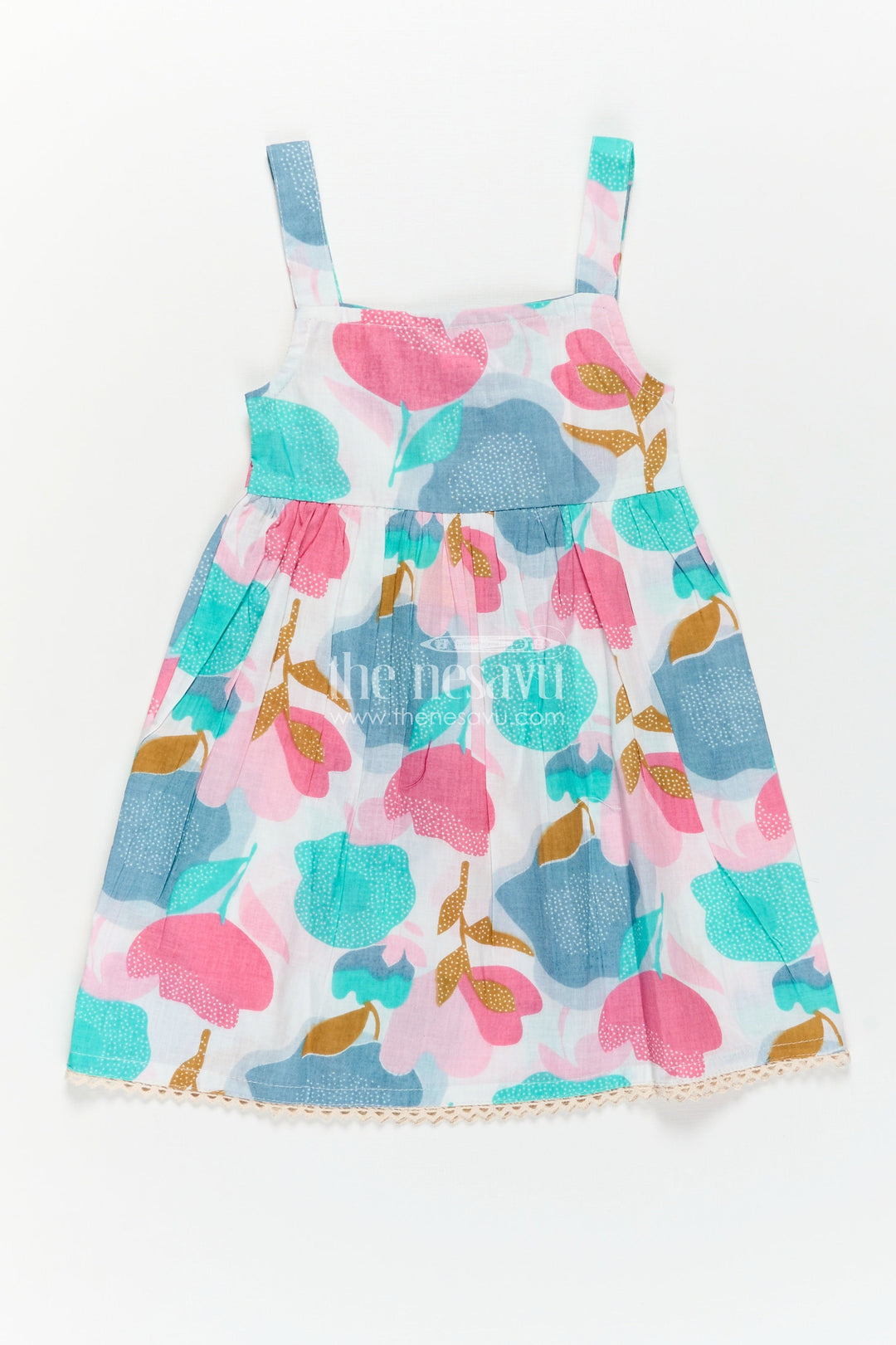 Girls Cotton Short Frock Party Wear in Sleeveless Style with Bold Floral Print on Pastel Base