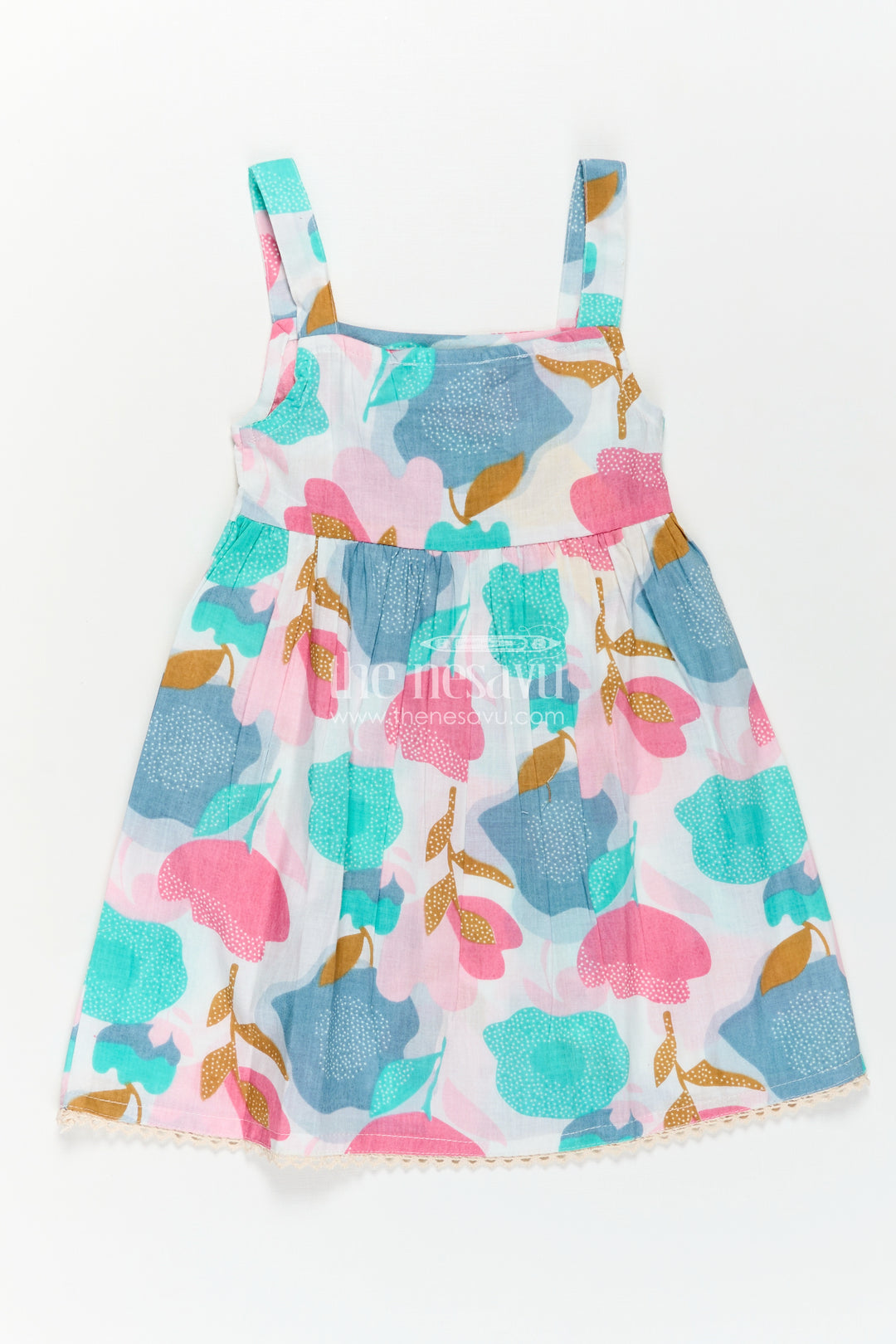 Girls Cotton Short Frock Party Wear in Sleeveless Style with Bold Floral Print on Pastel Base