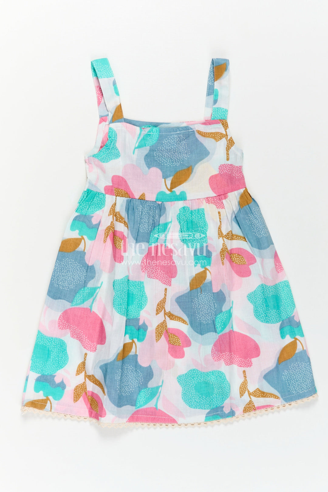Girls Cotton Short Frock Party Wear in Sleeveless Style with Bold Floral Print on Pastel Base