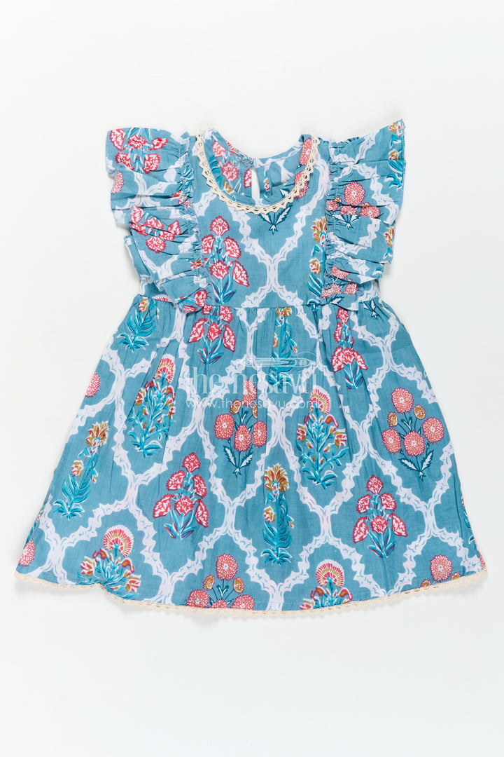 Girls Cotton Function Wear Frocks with Puff Sleeves and Classic Floral Digital Print in Teal Blue