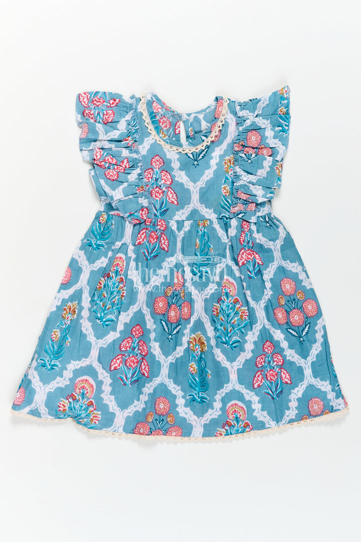 Girls Cotton Function Wear Frocks with Puff Sleeves and Classic Floral Digital Print in Teal Blue