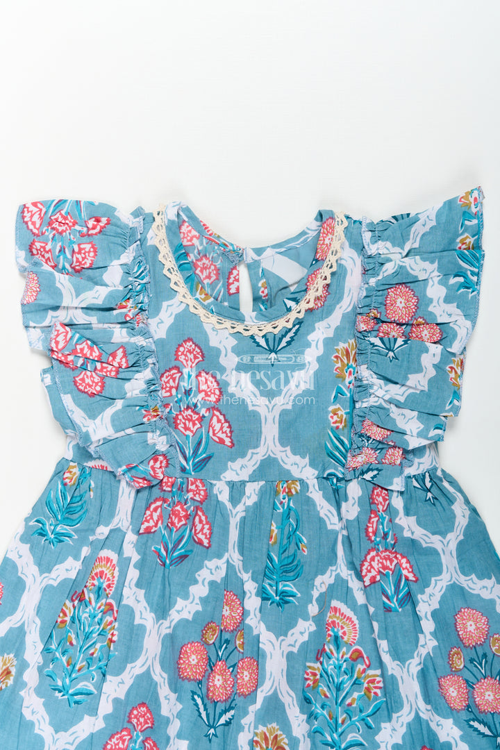 Girls Cotton Function Wear Frocks with Puff Sleeves and Classic Floral Digital Print in Teal Blue
