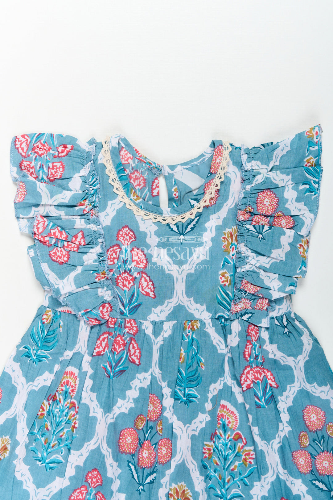 Girls Cotton Function Wear Frocks with Puff Sleeves and Classic Floral Digital Print in Teal Blue